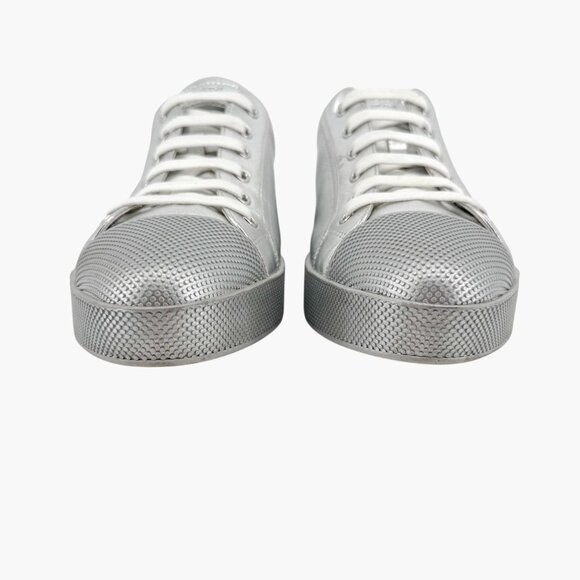 Prada Cap Toe Low Top Sneakers Size 41 US 11 Metallic Silver Leather Logo Shoe - Picture 5 of 14